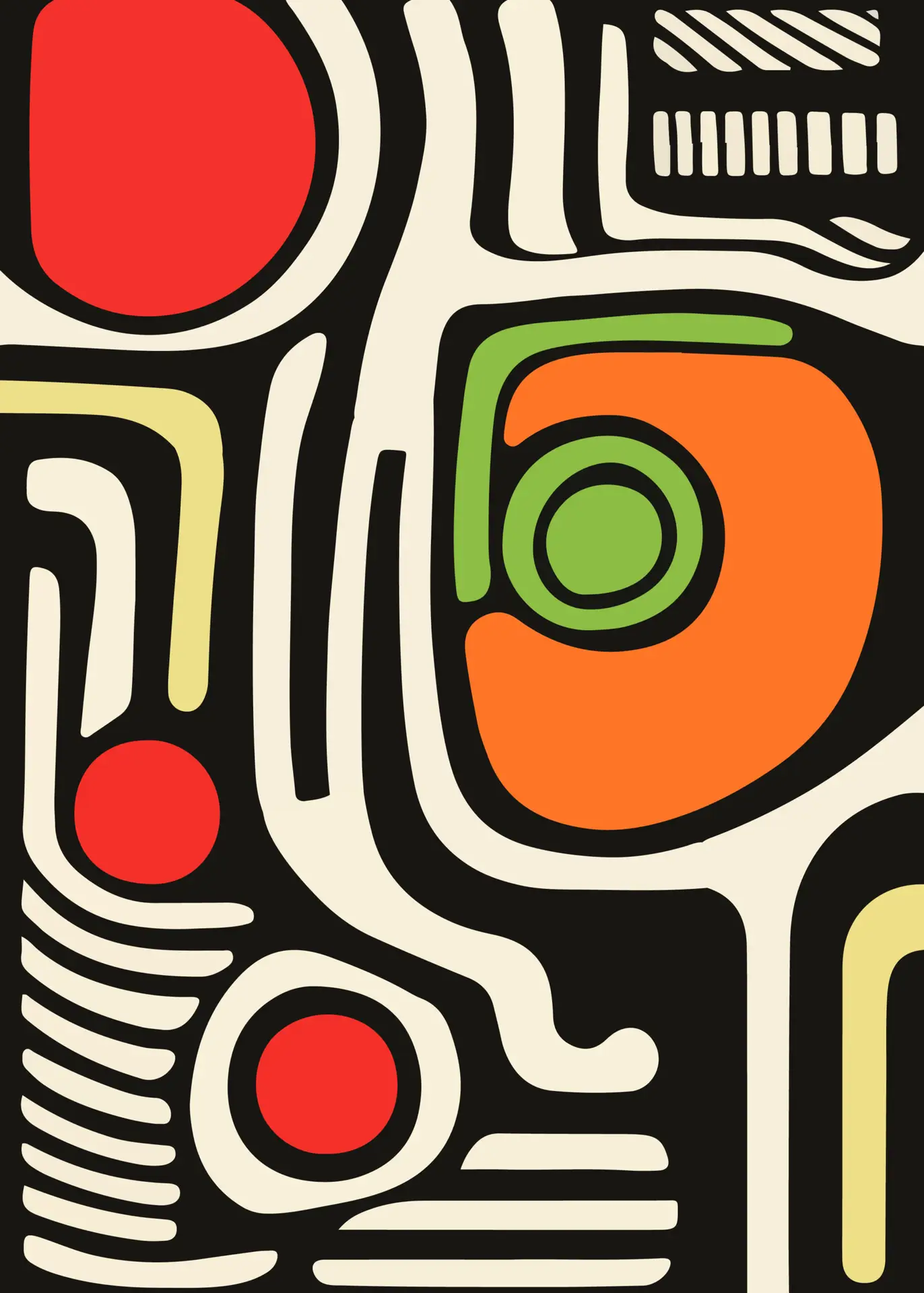 Abstract Geometric Composition A modern abstract artwork featuring a combination of geometric shapes and lines. The piece includes a swirling fingerprint-like pattern, a soft purple circle, a vibrant yellow rectangle, and a green wave-like shape, all set against a light background.
